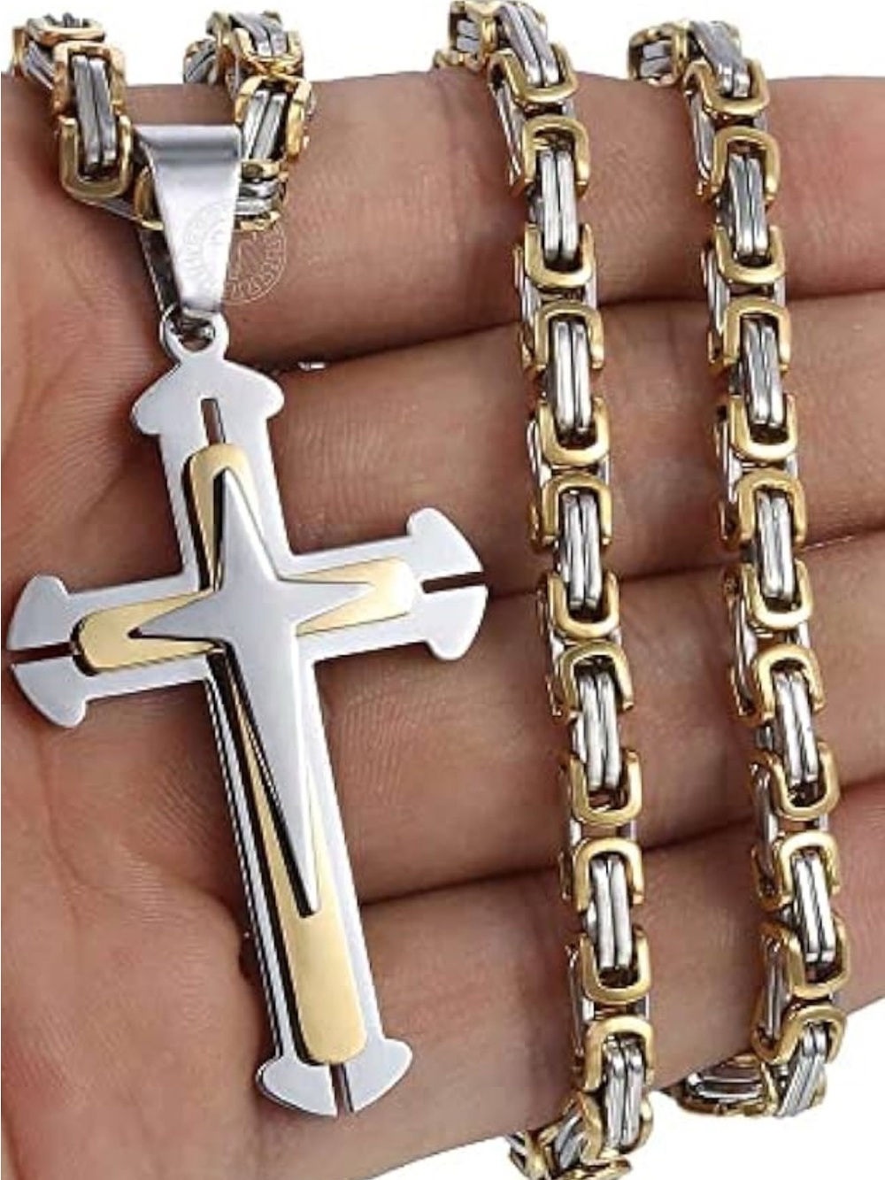 NWOT Mens Stainless Steel Gold Plated Byzantine Chain Cross Pendant Necklace